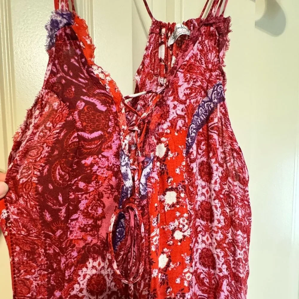 Free People Work Of Art Printed Maxi Slip | XS | Ruby Combo